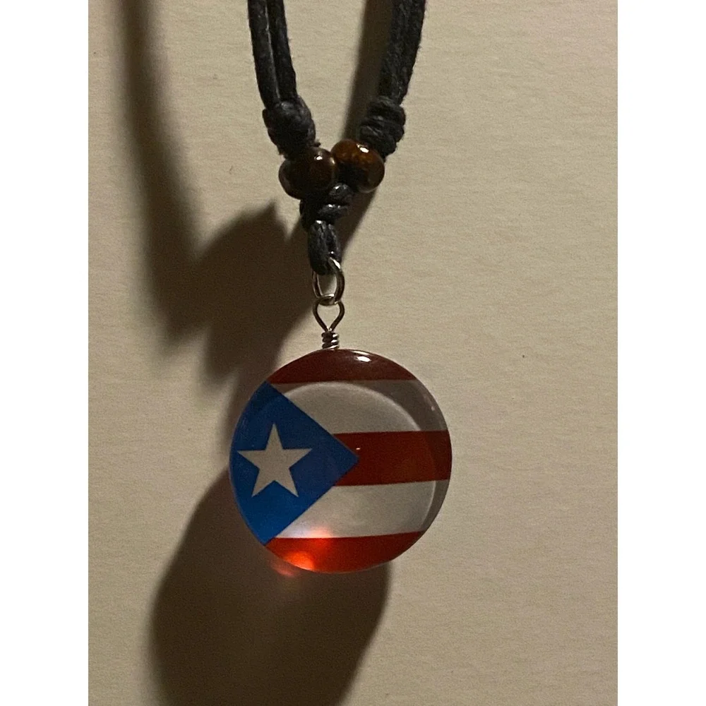 Puerto Rico Necklace with Flag Multicolor Boricua Heritage Pendant Black Cord